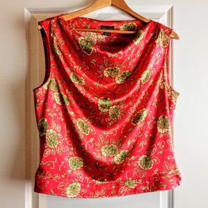 Moda Intl Red Green Gold Pure Silk Cowl Neck Top